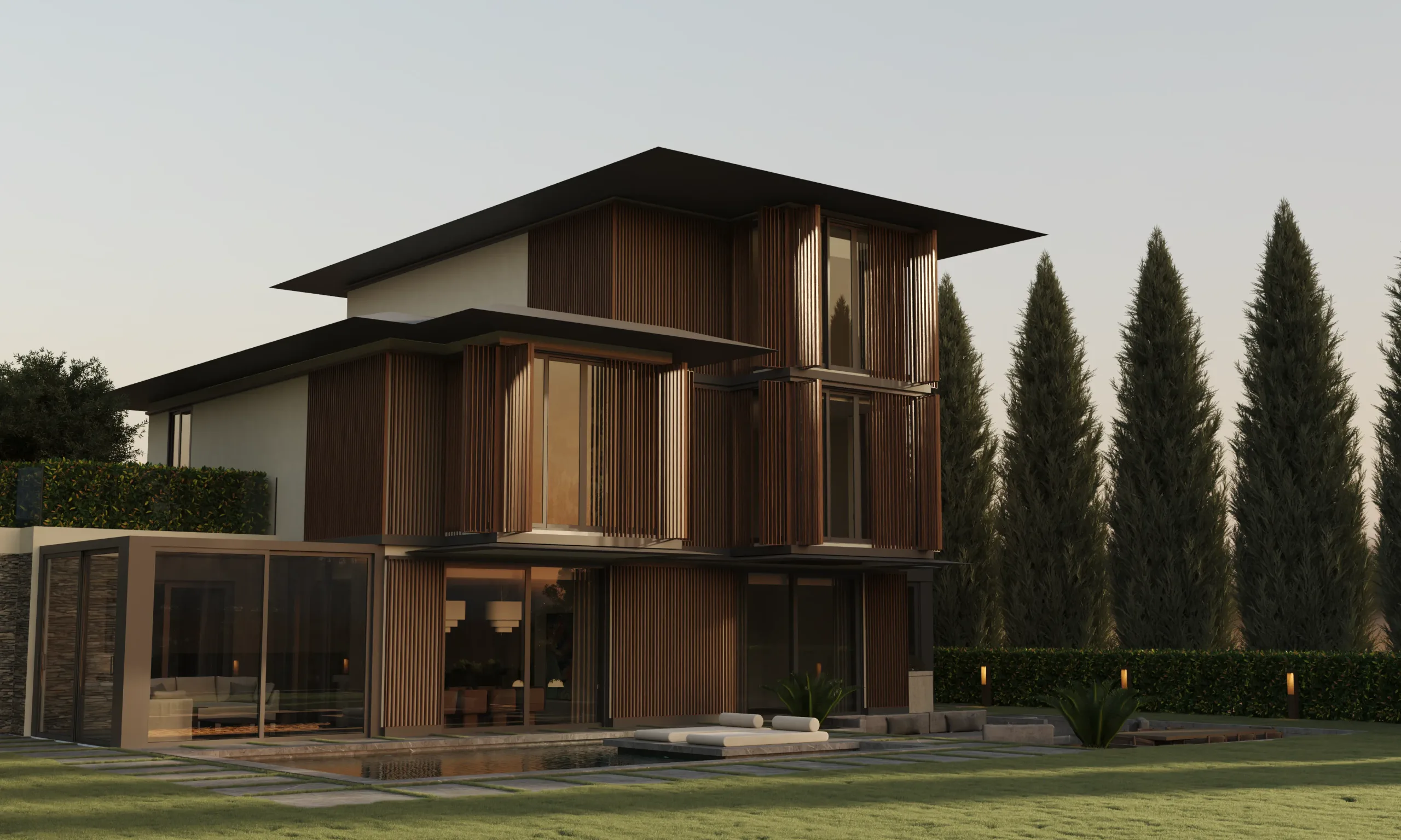 Three-storey villa clad in vertical timber fins, seen at dusk beside a cypress-lined lawn.