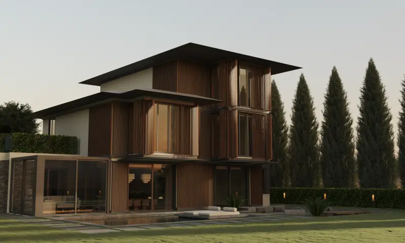 Three-storey villa clad in vertical timber fins, seen at dusk beside a cypress-lined lawn.