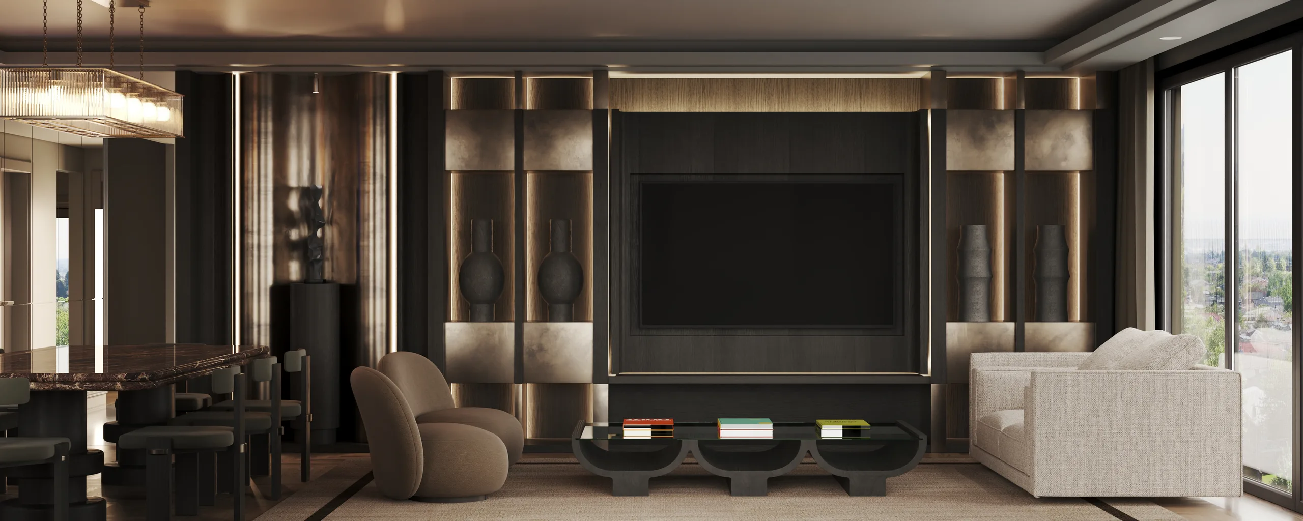 Ultra-wide view of a media wall with backlit onyx panels, bronze trim and a bouclé armchair.