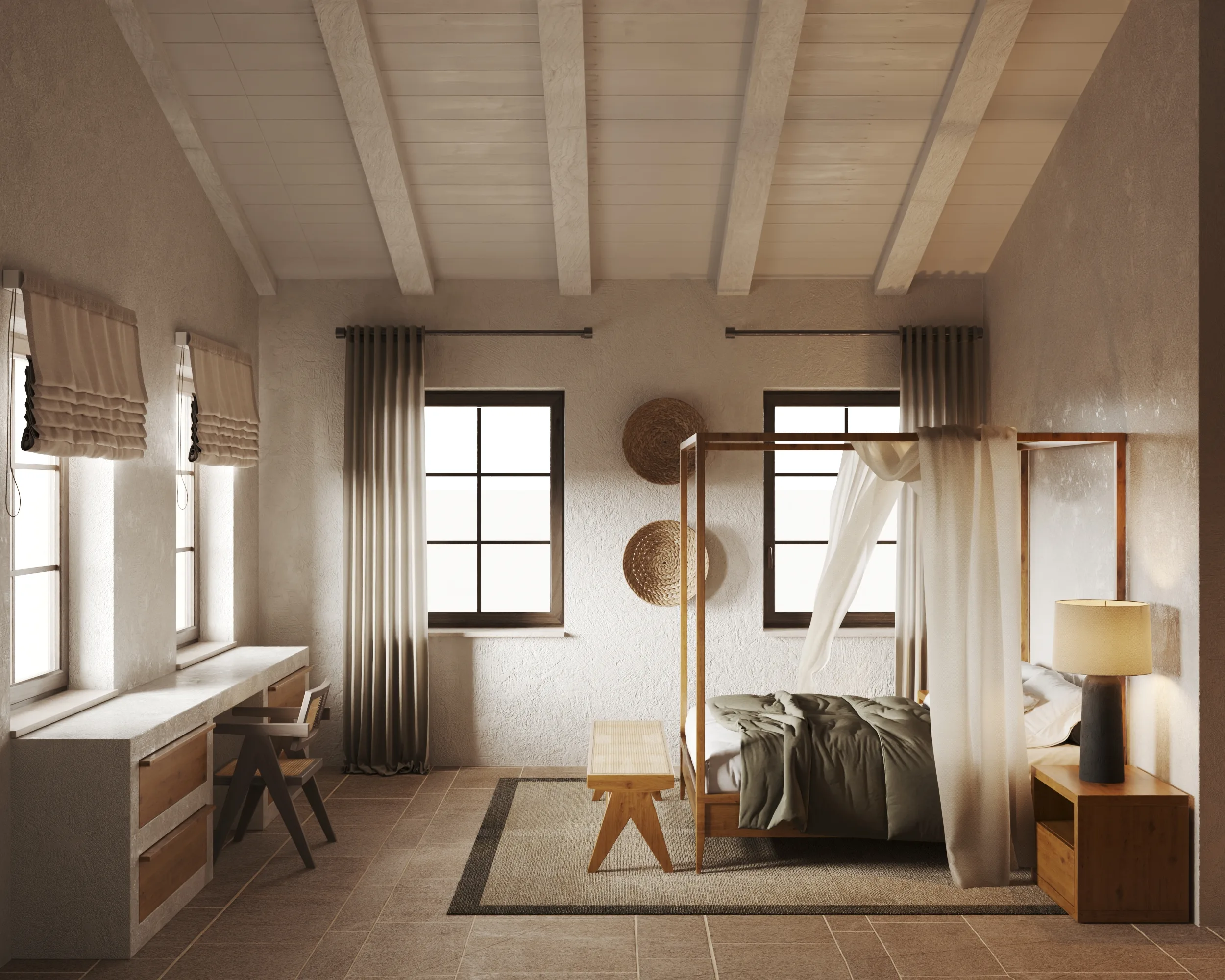 Mediterranean bedroom with a white beamed ceiling, a four-poster canopy bed and terracotta floor tiles.