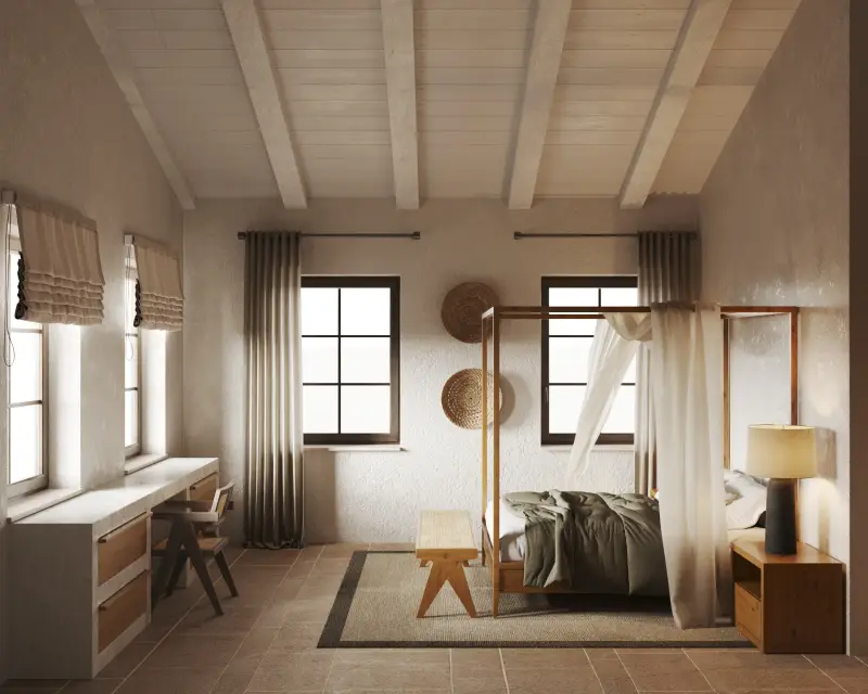 Mediterranean bedroom with a white beamed ceiling, a four-poster canopy bed and terracotta floor tiles.