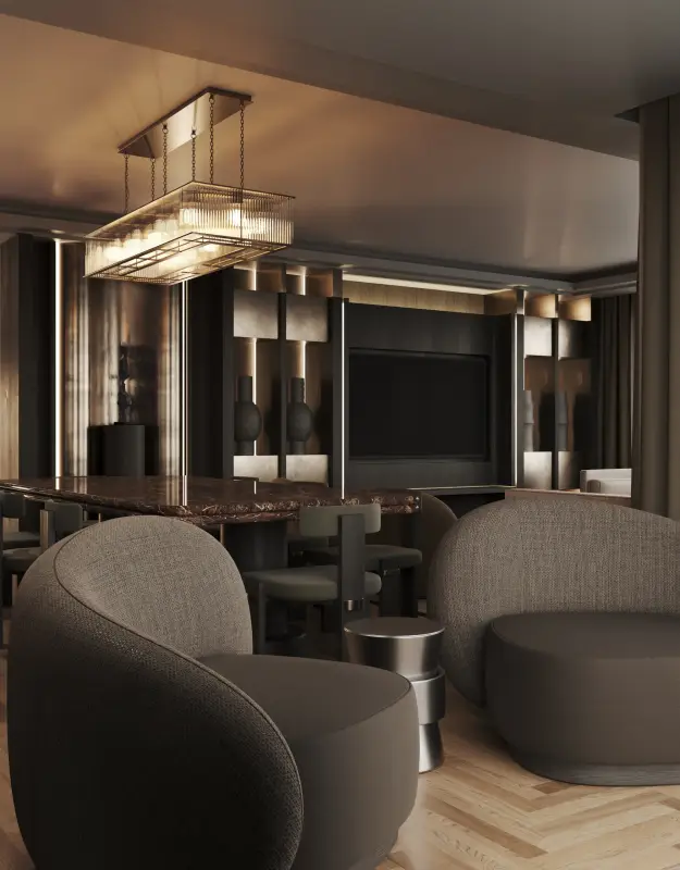 Moody lounge with a brass and glass linear chandelier, a marble bar counter and curved bouclé armchairs.