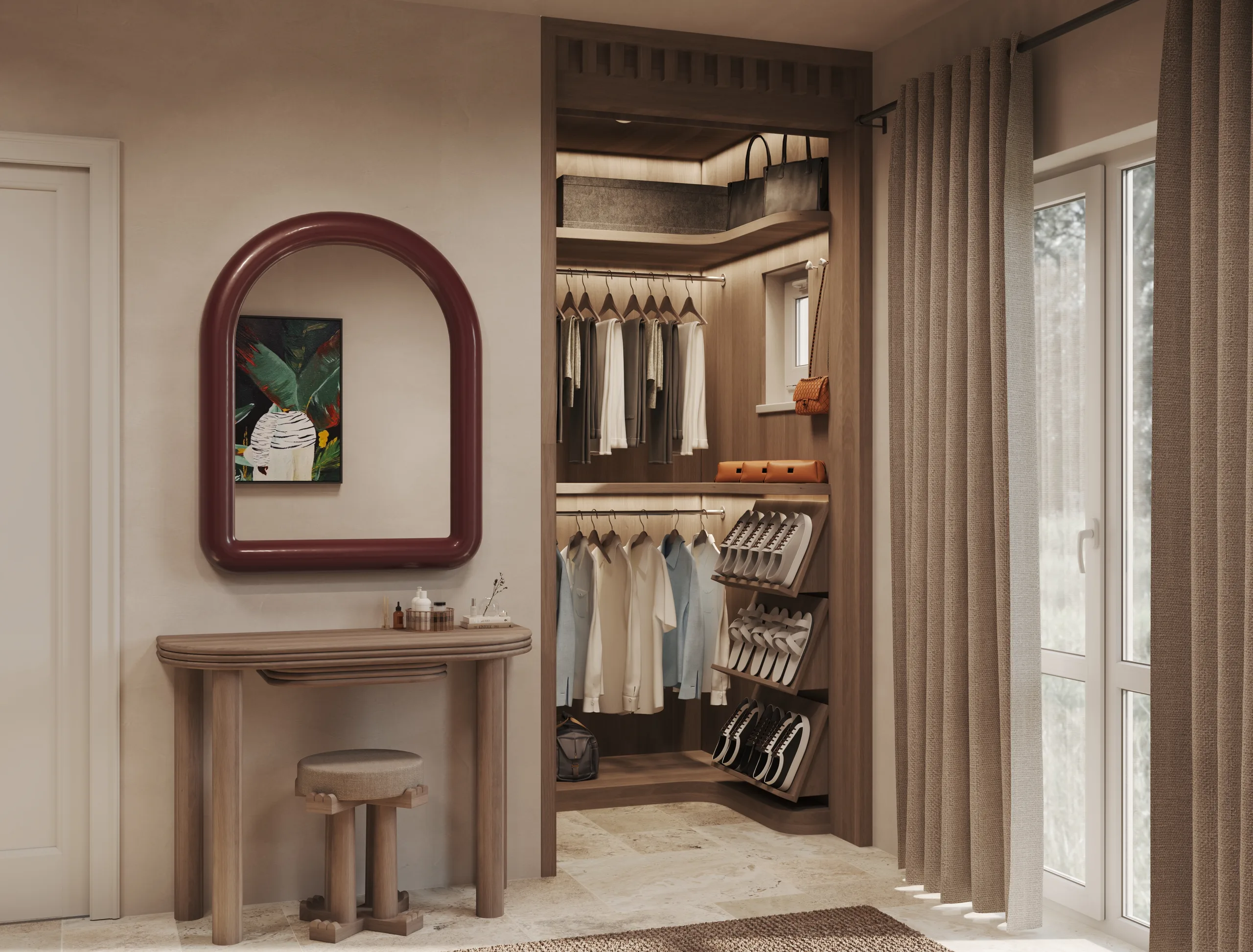 Daylit dressing corner with a curtained window, an oak console and an open wardrobe of shirts and shoes.