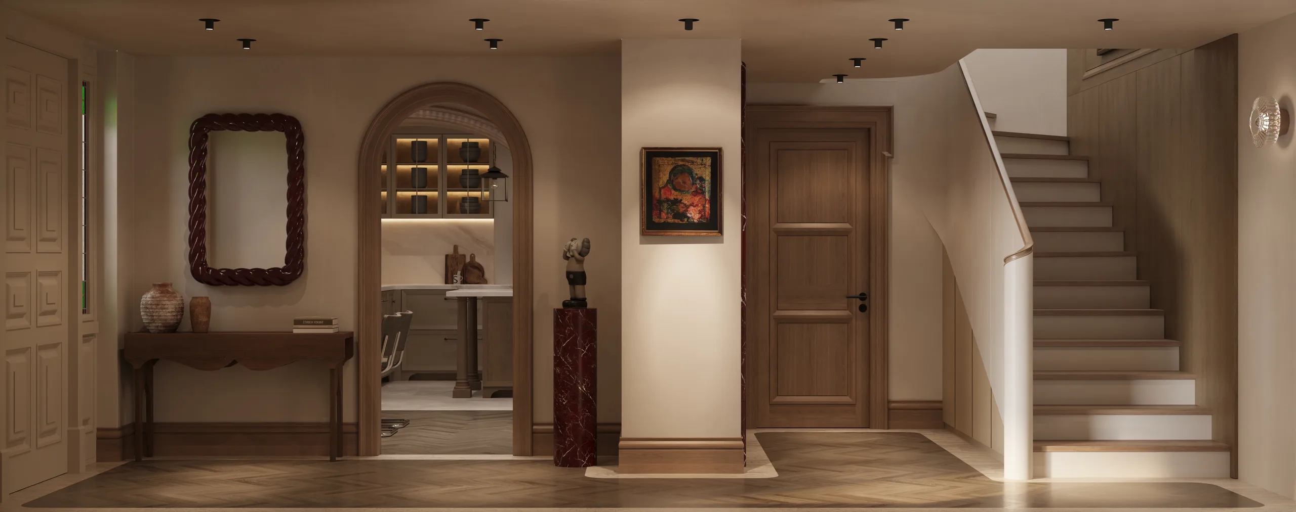 Ground floor entry hall panorama with an arched bar niche, a console table, artwork and the staircase.