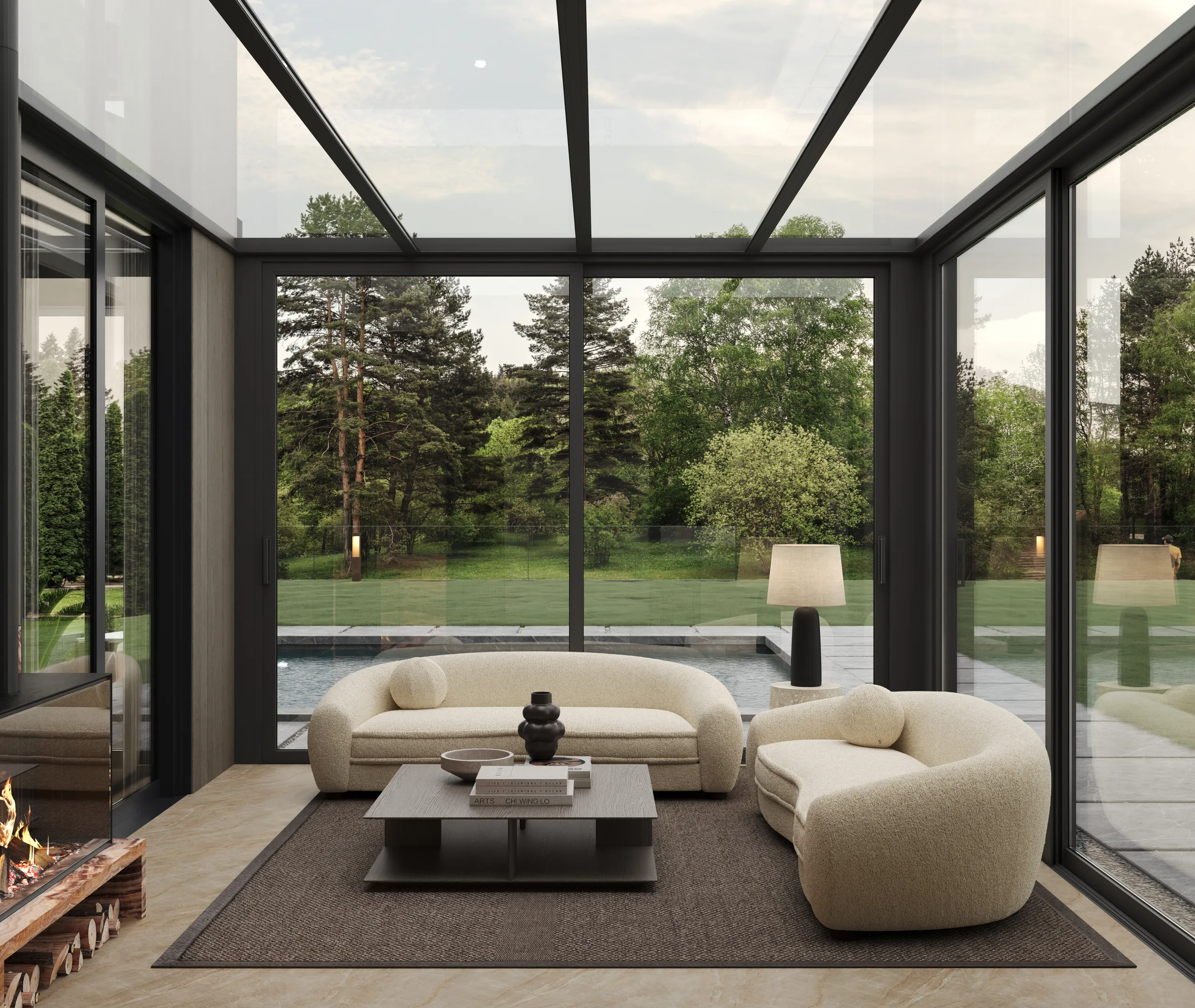 Glazed winter garden extension with a fireplace, bouclé seating and views over the lawn and pool.