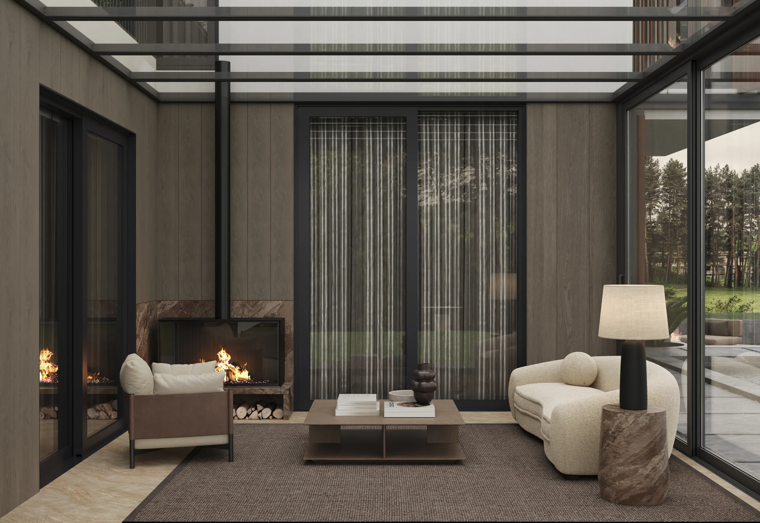 Winter garden with a glazed roof, a marble fireplace and forest views through floor-to-ceiling windows.