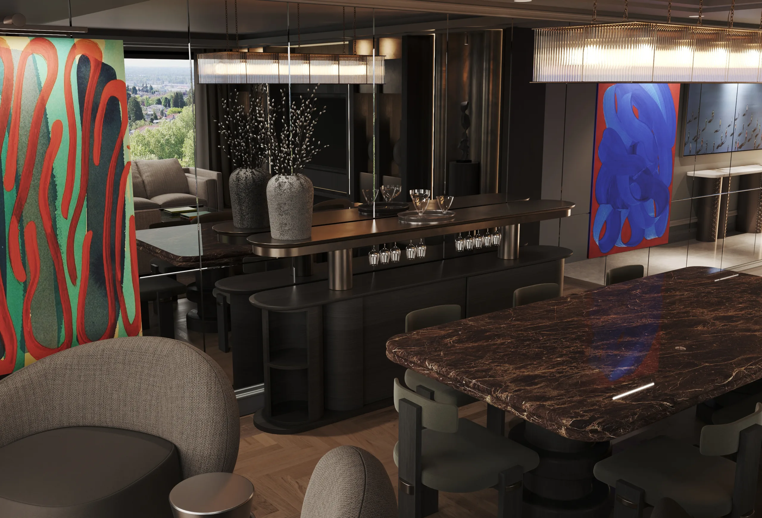 Bar counter and a burgundy marble dining table framed by two large colourful canvases.