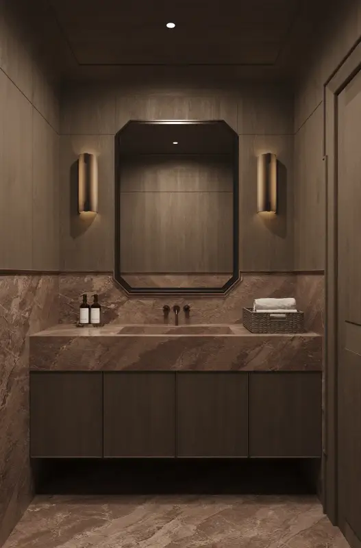Guest powder room clad in rose marble, with an octagonal black mirror and brass wall sconces.