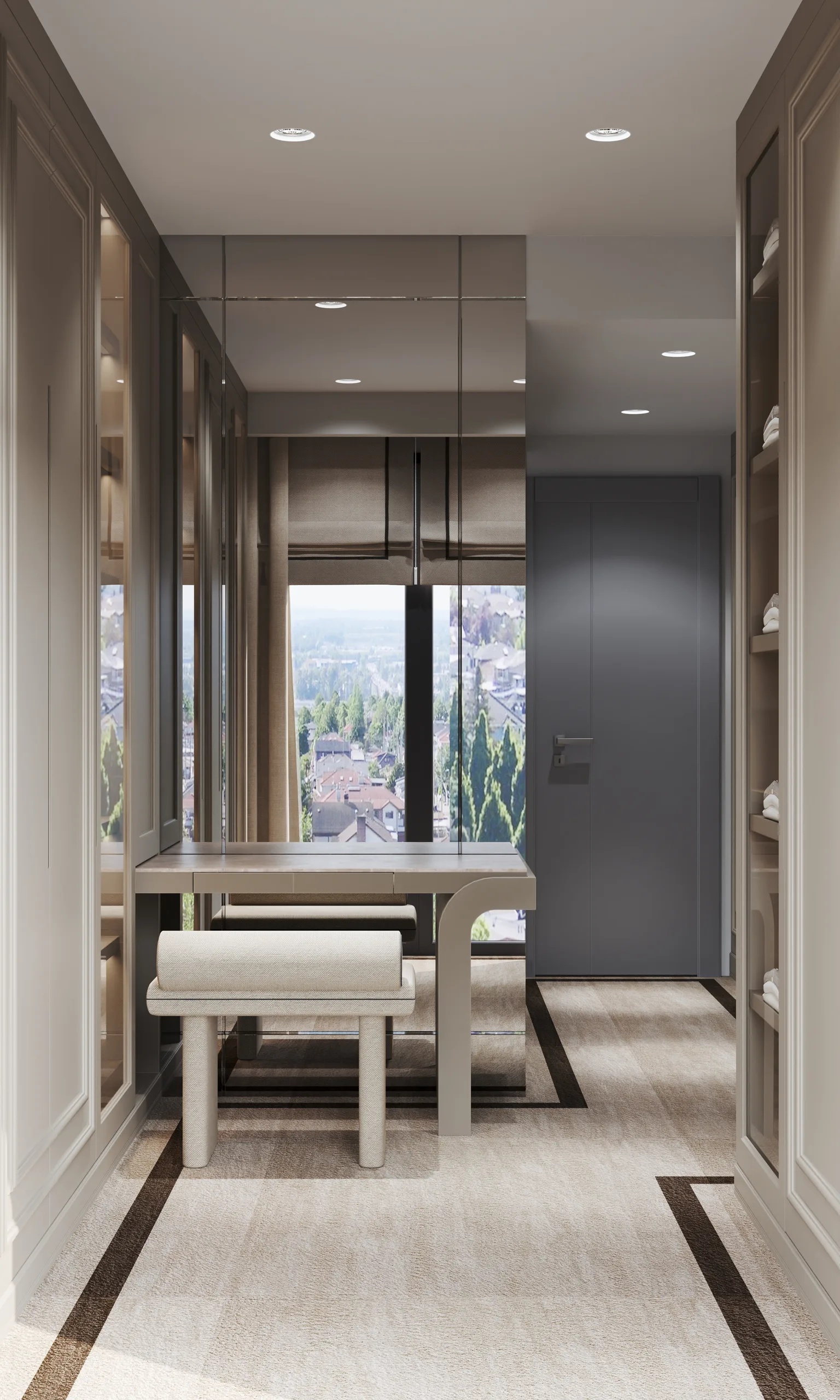 Dressing room lined with mirrored wardrobes, a central bench and a window onto the city.