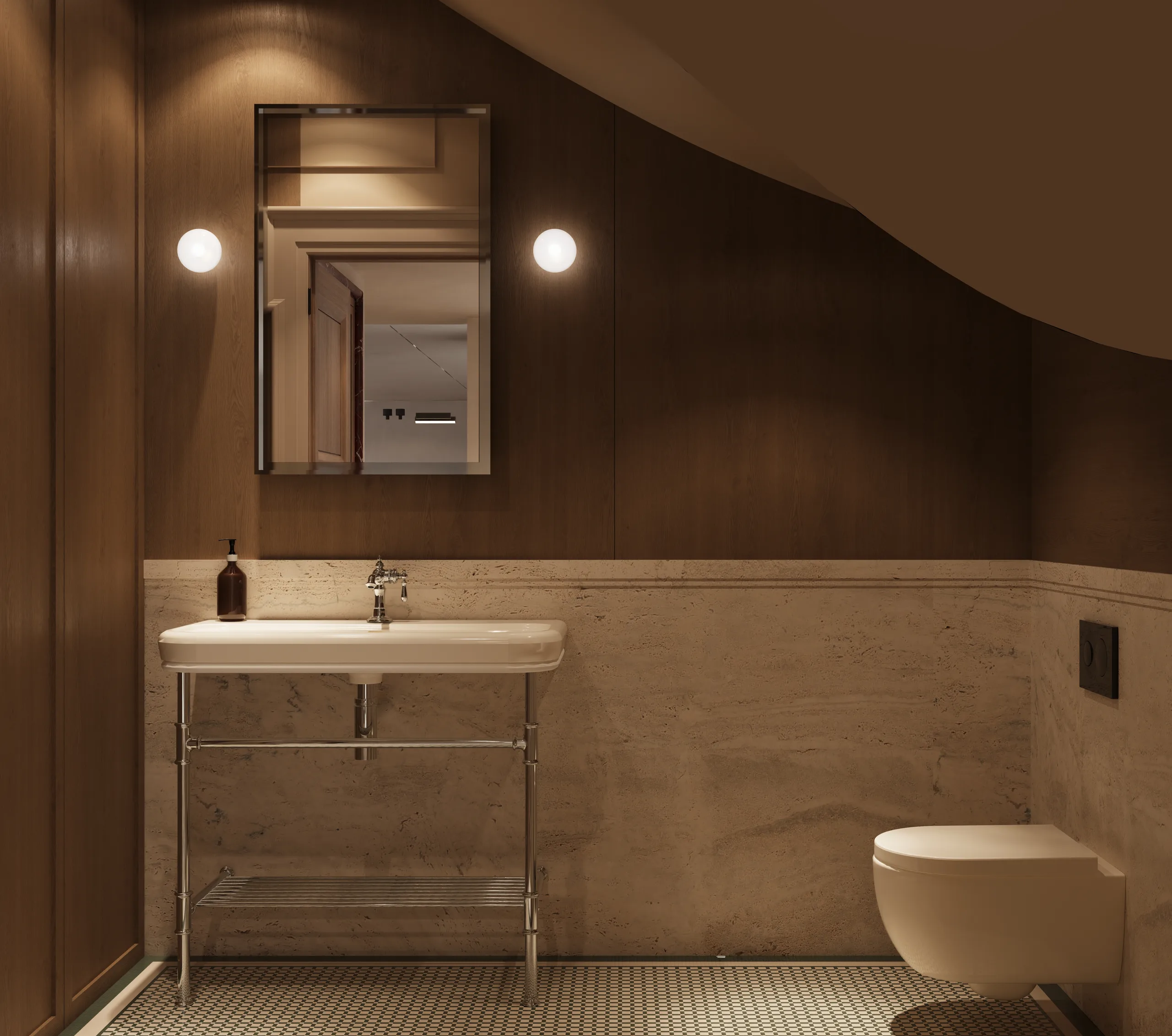 Powder room with dark timber panelling, a travertine dado and a console basin on chrome legs.