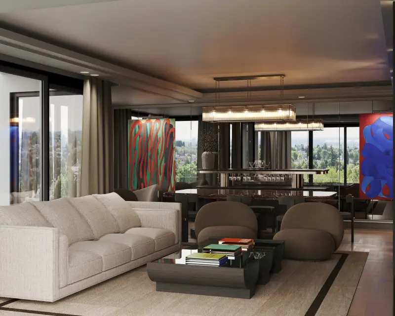 Open living and dining space with panoramic views, large abstract canvases and a linear chandelier.