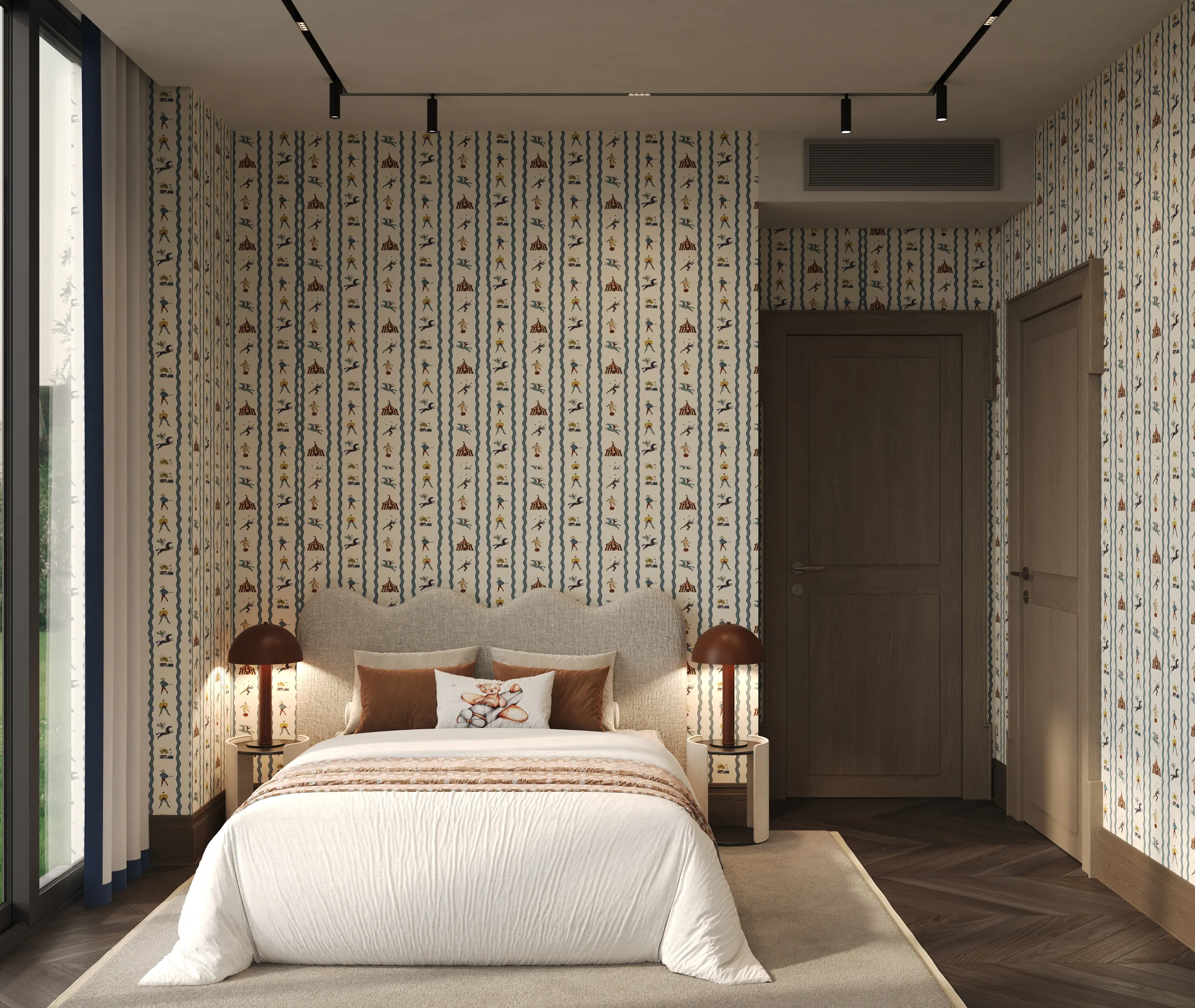 Guest bedroom wrapped in floral patterned wallpaper, with a scalloped headboard and red glass lamps.