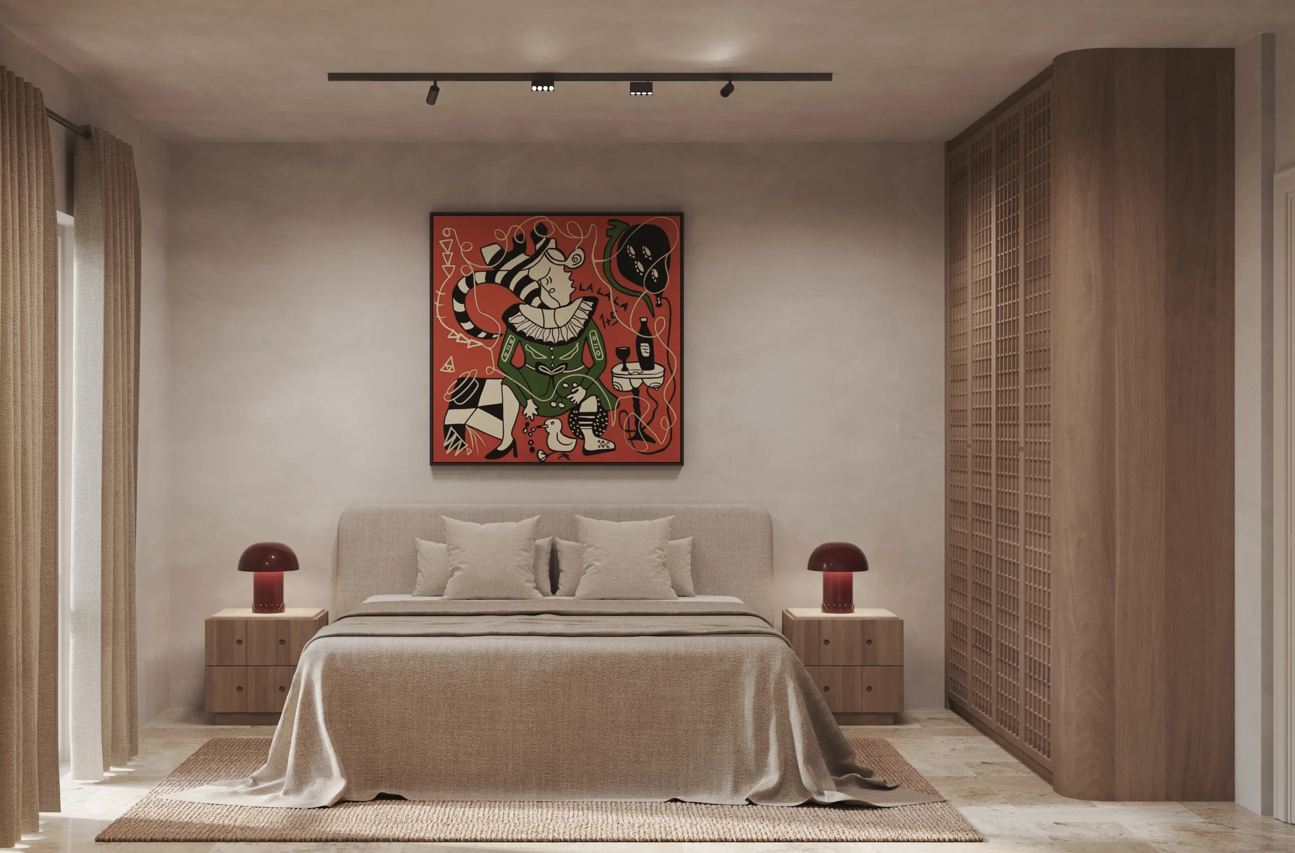 Calm bedroom with a large red graphic canvas above the bed and terracotta glass table lamps.