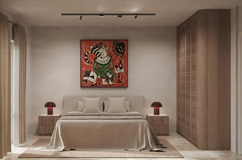 Calm bedroom with a large red graphic canvas above the bed and terracotta glass table lamps.