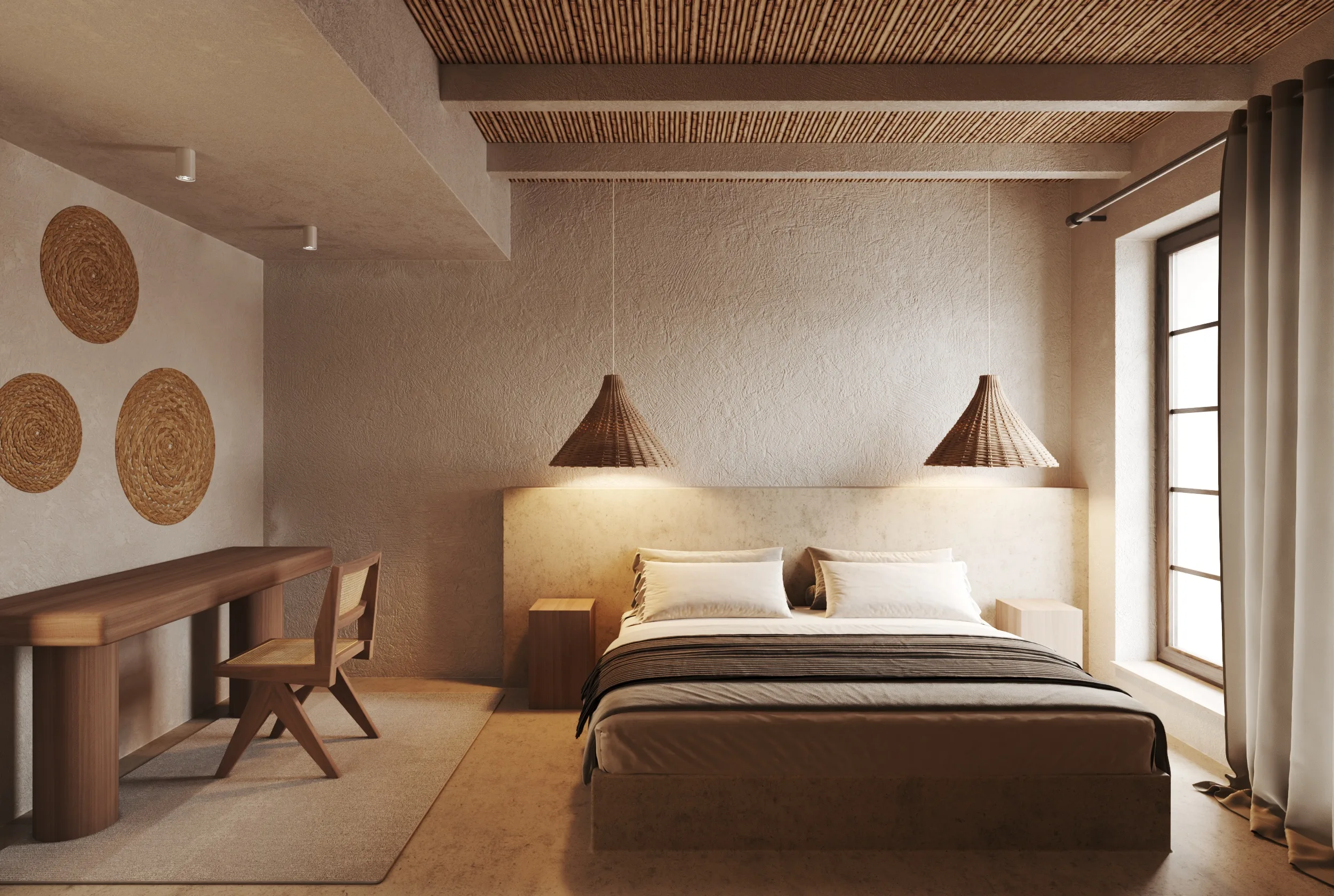 Rustic bedroom with textured lime plaster walls, a reed-slat ceiling and woven pendant lights.