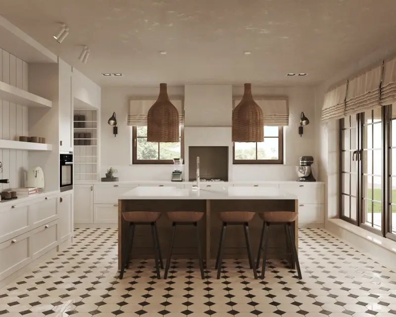 Classic white shaker kitchen with a walnut island, rattan pendant lights and a chequerboard tiled floor.