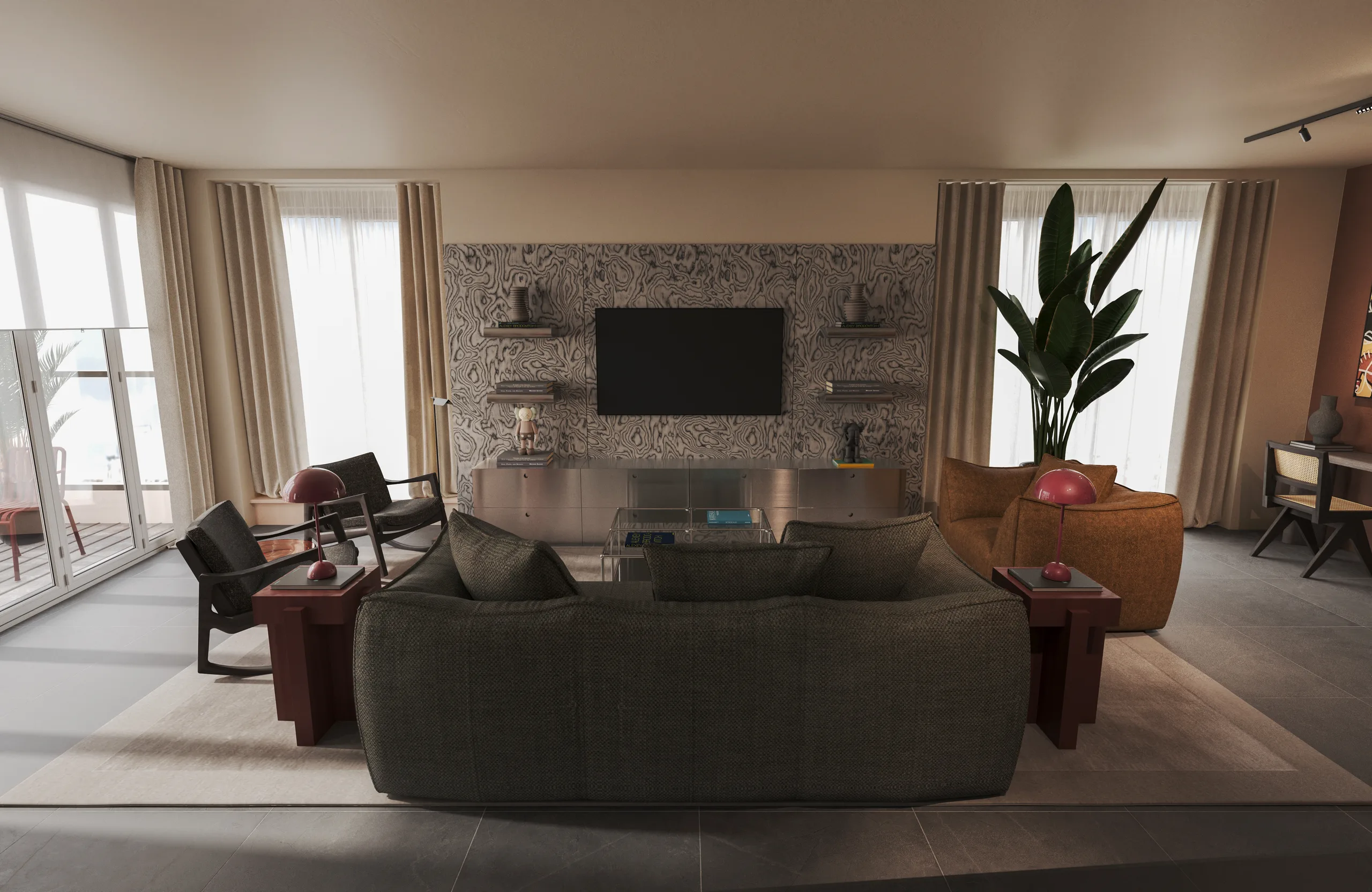 Living room built around a textured stone media wall, with a deep sectional sofa and full-height curtains.
