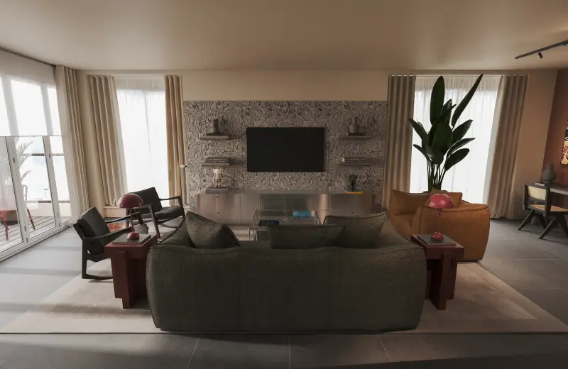 Living room built around a textured stone media wall, with a deep sectional sofa and full-height curtains.