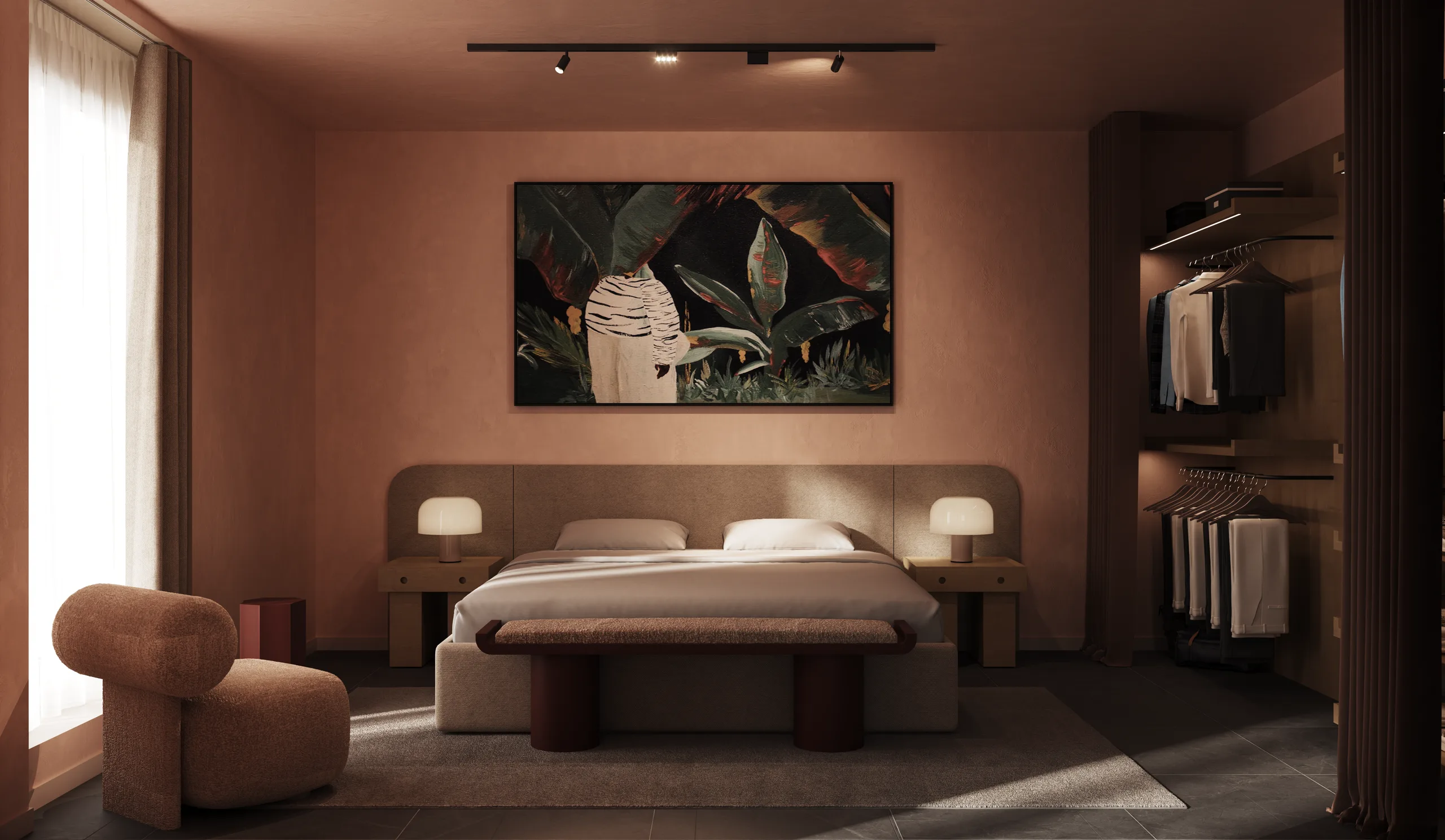 Bedroom in warm terracotta tones with a botanical canvas, an open wardrobe niche and a bouclé armchair.
