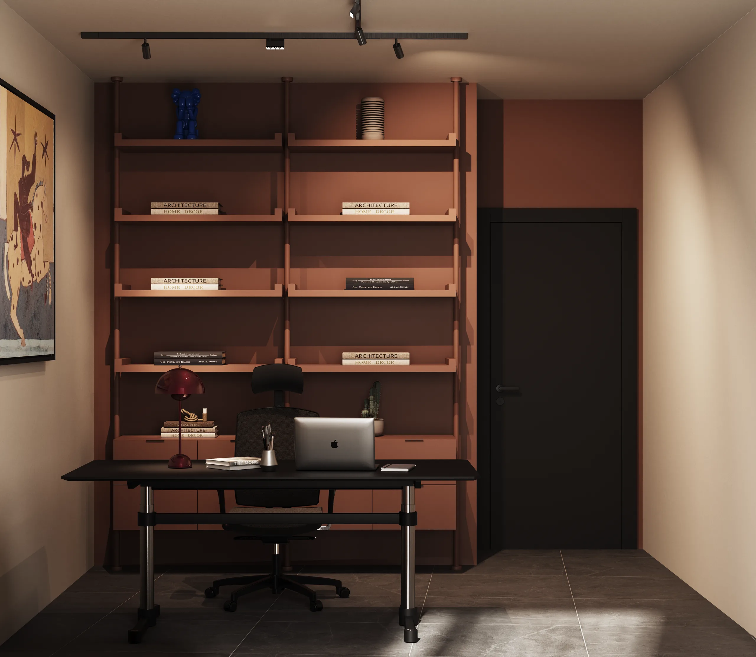 Study wall with floor-to-ceiling terracotta shelving, a black desk and track lighting.