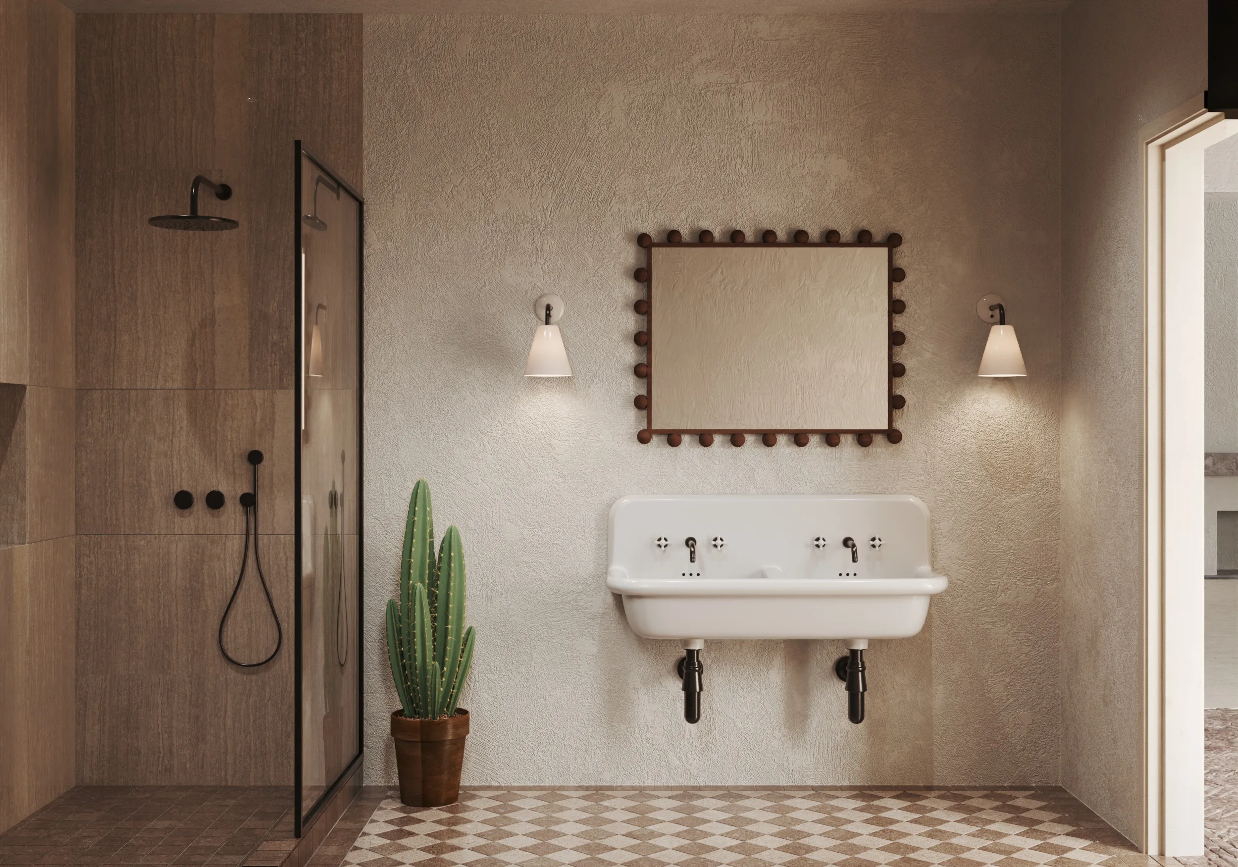 Bathroom with a cast-iron trough sink, a beaded mirror, a walk-in shower and patterned floor tiles.